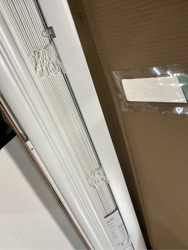 Condition photo showing As Is for allen + roth trim at home 2-in slat width 34-in x 64-in cordless white faux wood room darkening horizontal blinds