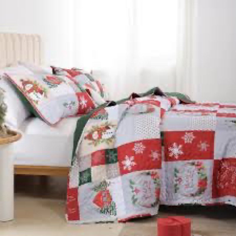 FROZZUR Christmas Quilt Set Queen Size - Plaid Patchwork Bedding with Reindeer and Snowflake Design,