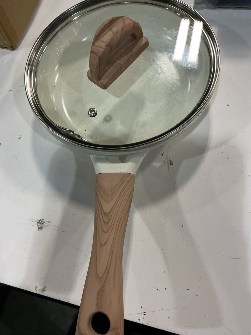 Condition photo showing As Is for UESLUCK 8 Inch Creamic Non Stick Frying Pan With Lid- Small Creamic Skillet With lid, Egg Pan Non Stick With Cool-Touch Handle, PFAS & PTFE Free, Compatible with All Stovetops Cream White 8 INCH