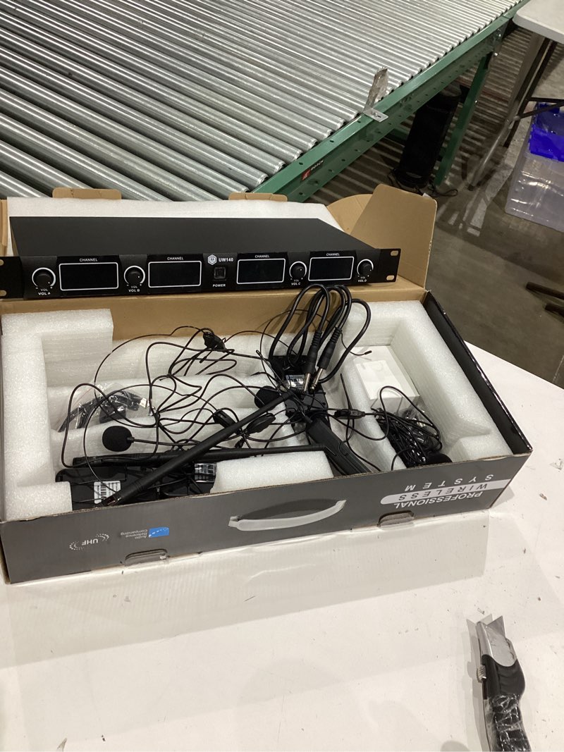 Condition photo showing As Is for 4 Channel Wireless Microphone System with Cordless Handheld Lavalier Headset Mics, Adjustable Frequency, Long Range 260ft, Ideal for Church,Karaoke,Weddings, Events