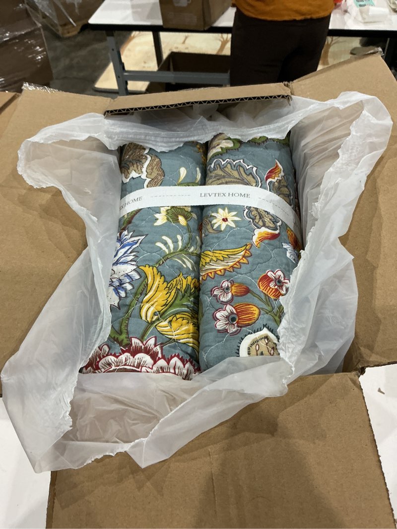 Condition photo showing New/Like New for levtex home angelica reversible full/queen quilt set (88x92in) and 2 pillow shams (26x20) - bedding - blue grey, coral - cotton full/queen size quilt bedding set - lightweight, soft, pre-washed grey quilt - full/queen