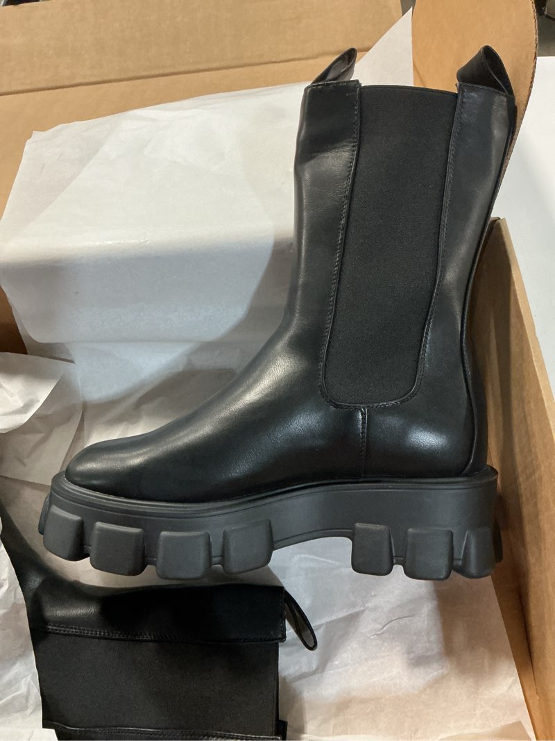 Condition photo showing New/Like New for ready salted women's black pull on chunky soles platform mid calf boots size 11