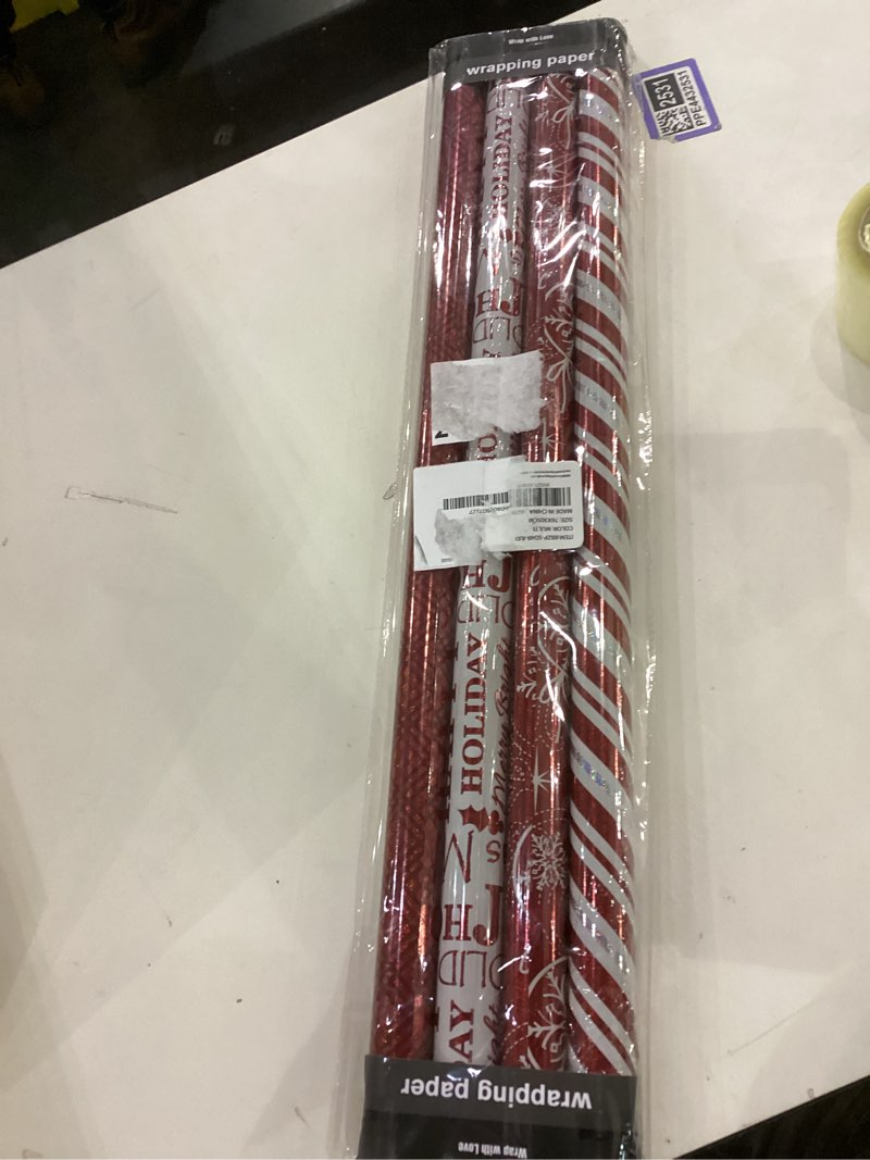 Condition photo showing New/Like New for WRAPAHOLIC Christmas Wrapping Paper Set - Red and White Metallic Foil Shine Christmas Wrapping Paper Bundle with Gift Bow & Ribbon & Tag & Sticker Foil Red & White Set