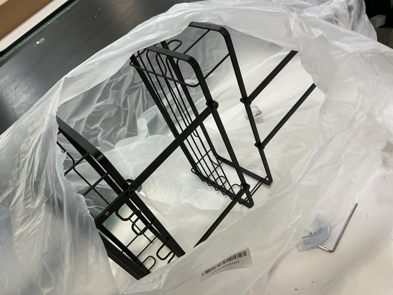 Condition photo showing As Is for omaira shower caddy hanging over the shower head - rustproof shower organizer hanging with soap scrub holder, non-slip stainless steel bathroom storage rack & shelves, no drilling, black