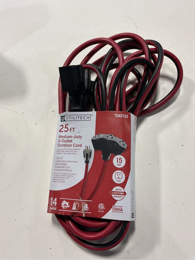 Condition photo showing As Is for utilitech 25-ft 14 / 3 medium duty 3 prong red and black outdoor extension power cord