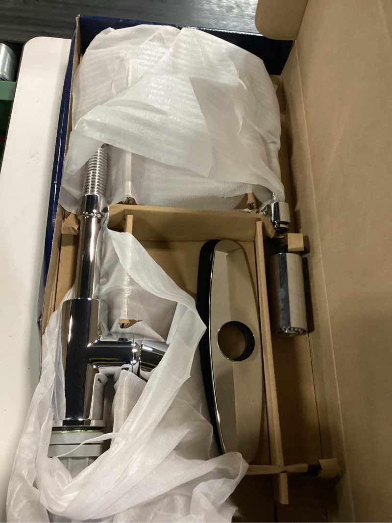 Condition photo showing As Is for project source flynt chrome single handle pull-down kitchen faucet with sprayer (deck plate included)