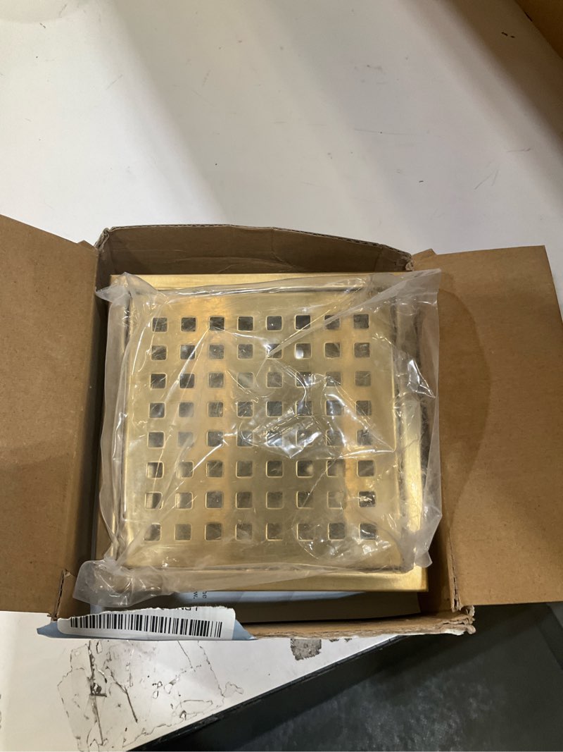 Condition photo showing As Is for incomplete, uni-green champagne bronze shower drain 4-1/4 inch - square gold shower drain kit with abs flange for 2\" or 3\" pipe - low profile 304 stainless steel shower floor drain kit with hair carcher