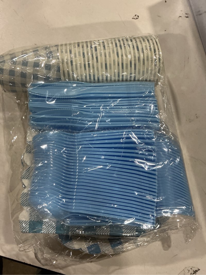 Condition photo showing New/Like New for 175-Piece blue Gingham Party Supplies Set | Disposable Plates, Napkins, Cups, Cutlery for 25 Guests |Stylish Wedding Birthday Party Decorations (blue)