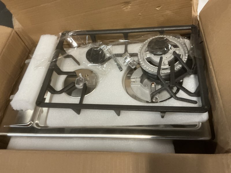 Condition photo showing Good Condition for Gas Stove 2 Burner, Propane Cooktop 12 inch, Nafewin Portable Gas Cooktop Stainless Steel Stove Burner with Thermocouple Protection, Lpg/Ng Dual Fuel Built-in Hob for Apartments, Outdoor, Rvs 12 Inch-2 Burner Silver