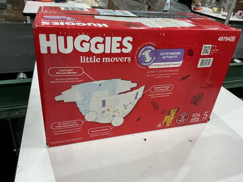 Condition photo showing New/Like New for huggies size 5 diapers, little movers baby diapers, size 5 (27+ lbs), 104 count, packaging may vary size 5 104