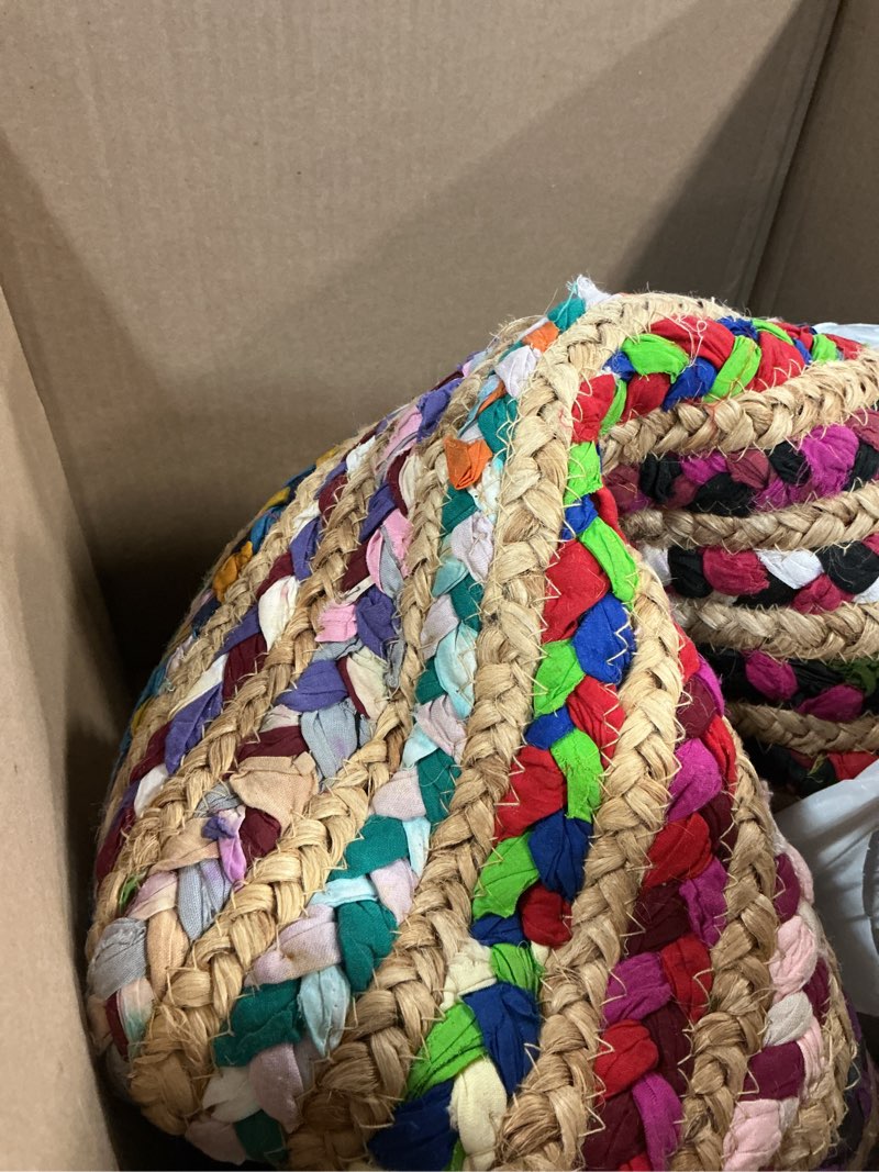 Condition photo showing As Is for hausattire bohemian braided rug 5' round - multi color, rustic hand woven rag rugs for kitchen, kids bedroom, living room | colorful farmhouse pet friendly reversible decorative carpet 5' (round) multi color