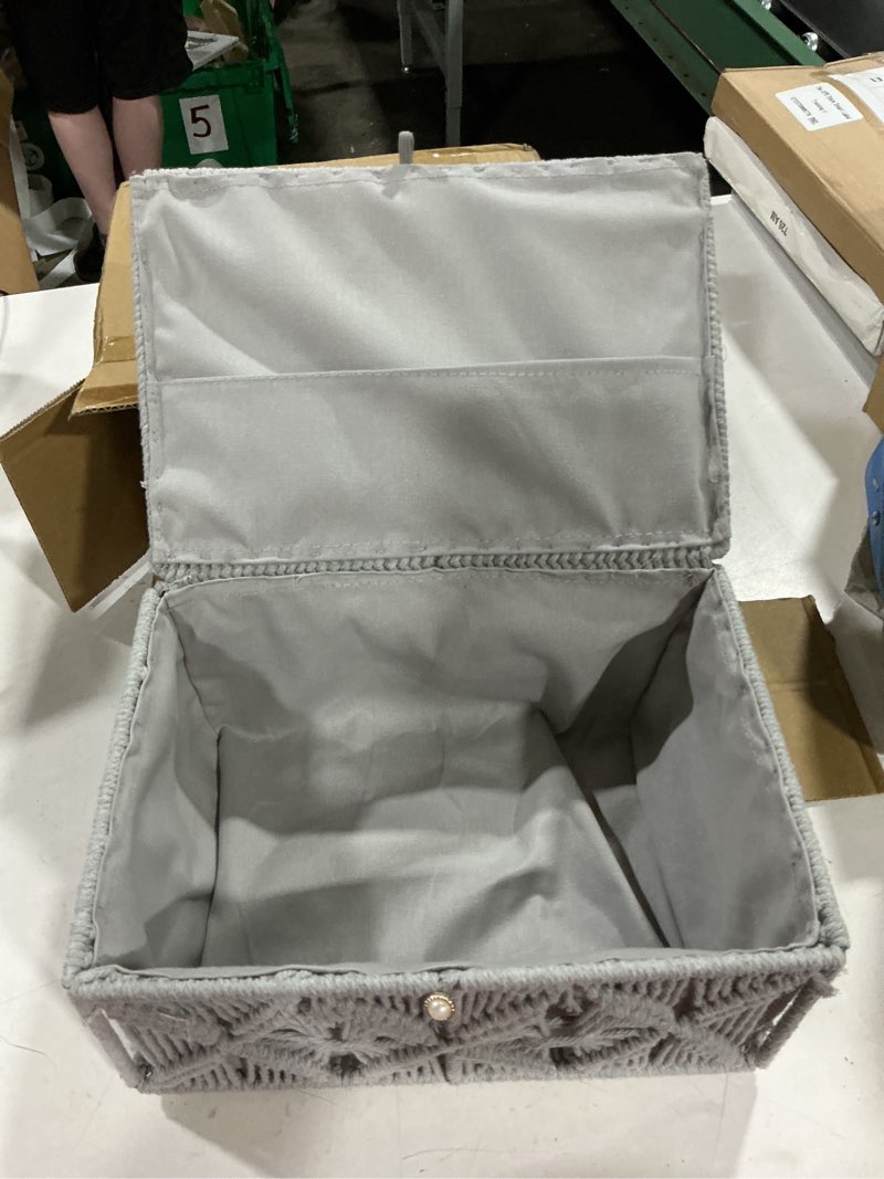 Condition photo showing Good Condition for decorative boho storage baskets with lid bohemian macrame jewelry box handmade natural cotton rope woven bins memory keepsake photo makeup organizer shelf container (gray, large) large gray