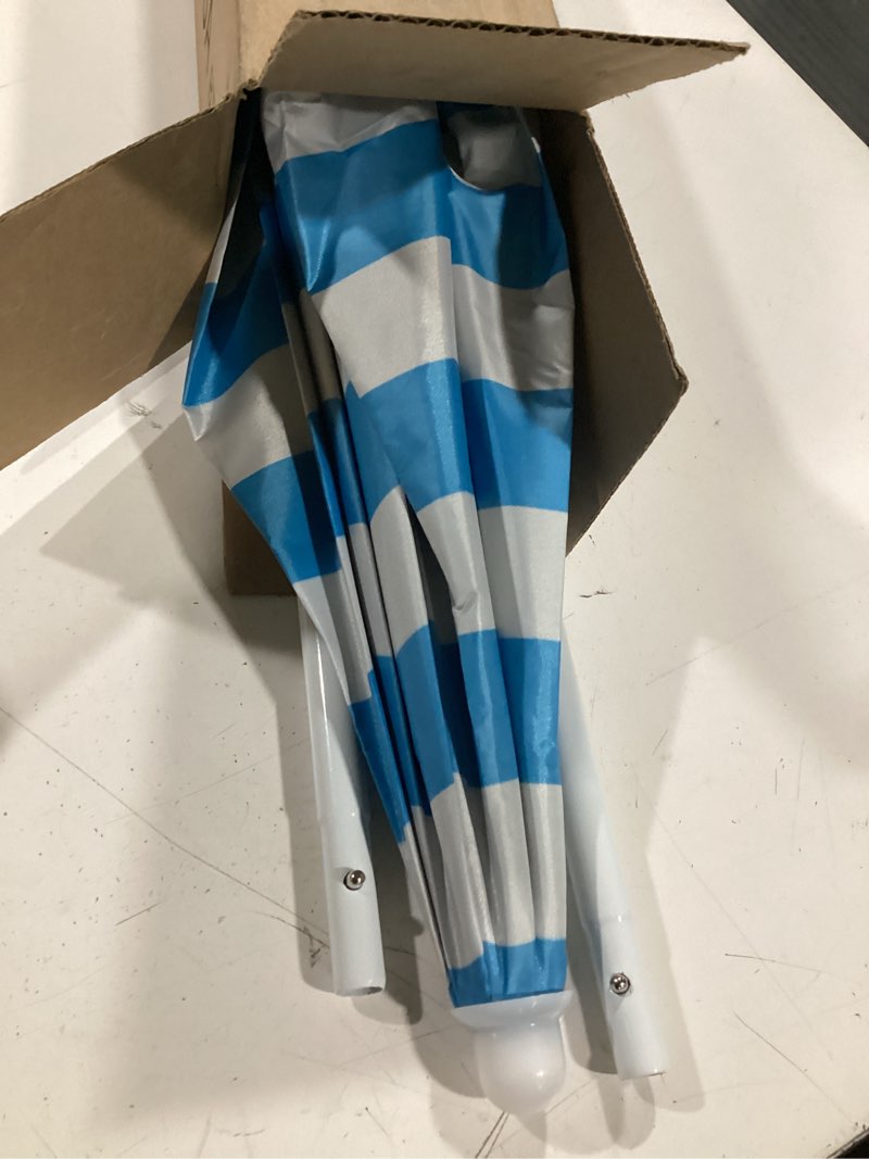 Condition photo showing Good Condition for water table umbrella,kids beach umbrella & picnic table shade,ideal for sand play,camping,beach trips,and garden fun.lightweight yet durable blue&white 71" h x 46" w x 46" d