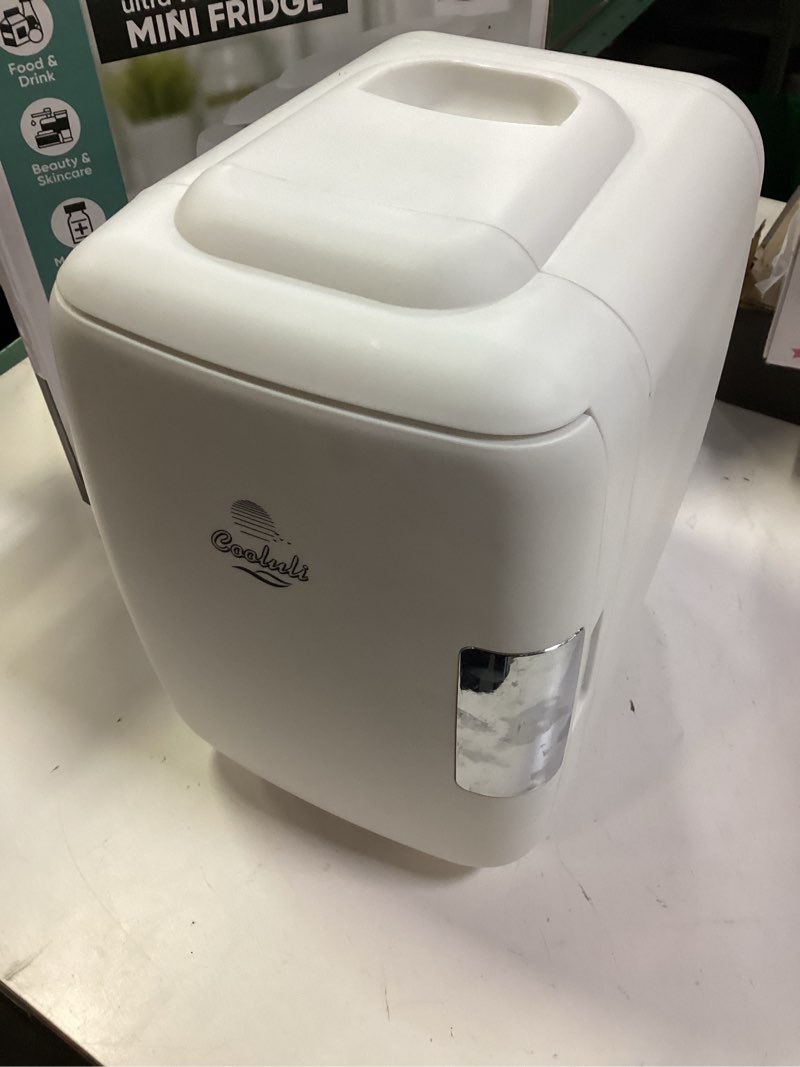 Condition photo showing Good Condition for Cooluli Mini Fridge for Bedroom - Car, Office Desk & Dorm Room - Portable 4L/6 Can Electric Plug In Cooler & Warmer for Food, Drinks, Skincare Beauty & Makeup - 12v AC/DC & Exclusive USB Option, White White 4 Liter