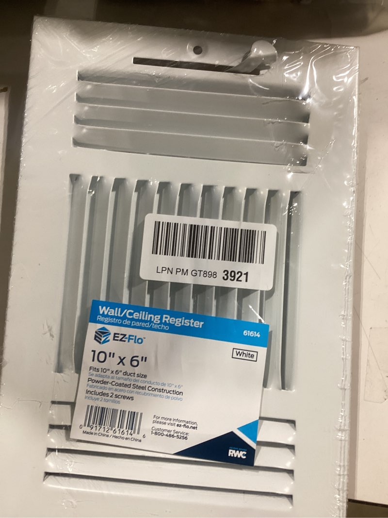 Condition photo showing New/Like New for ez-flo 10 x 6 inch (duct opening) air vent cover for wall or ceiling, three-way ventilation register, solid steel hvac register cover, white, 61614 10 in. x 6 in. white