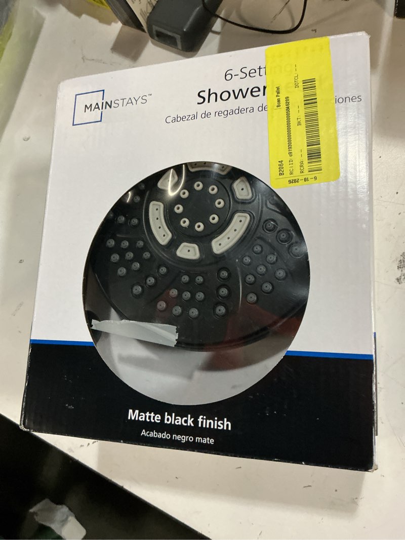 Condition photo showing As Is for mainstays 6-setting large shower head, matte black