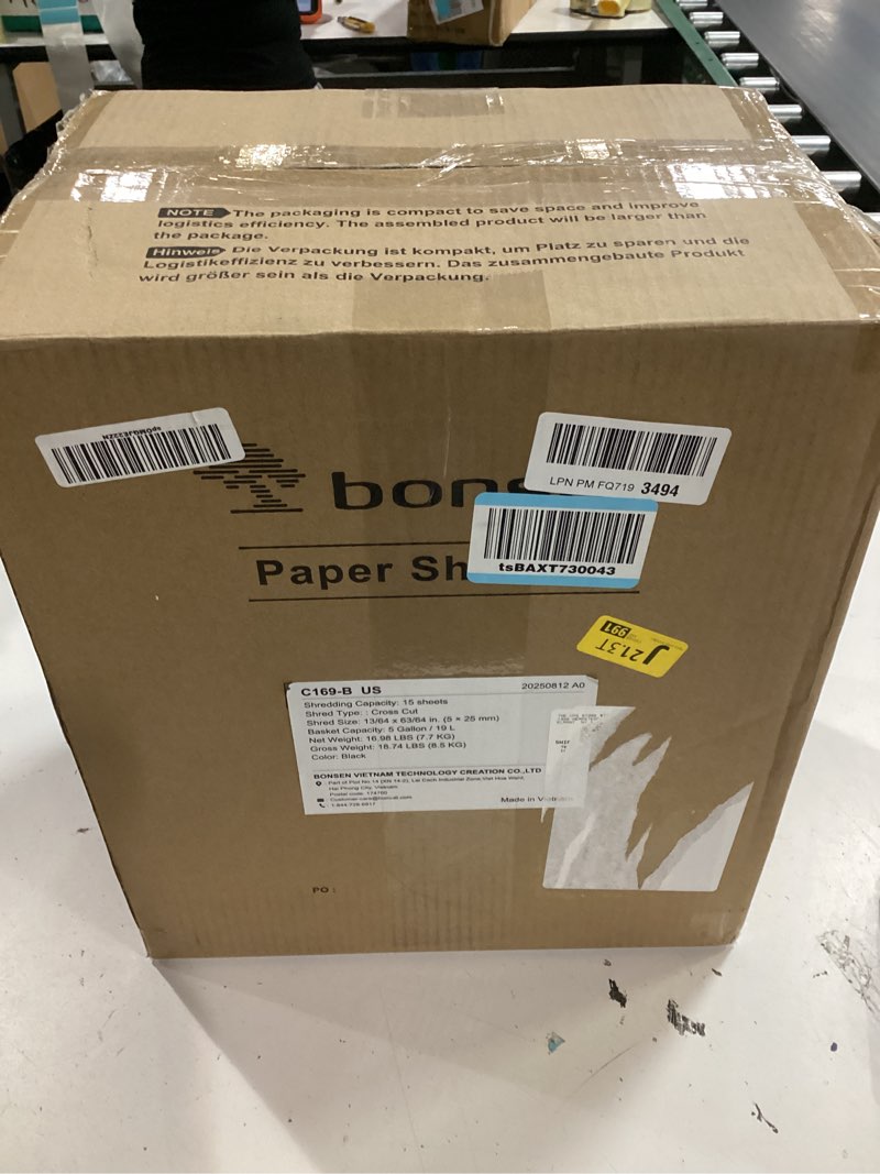 Condition photo showing New/Like New for bonsaii 15-sheet office paper shredder, 40 mins heavy duty shredder for home office, crosscut shreder with anti-jam system & p-4 high security supports cd/credit cards/staple,5 gal pullout bin c169-b 1 5 sheet-40 mins