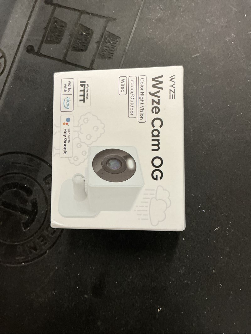 Condition photo showing New/Like New for wyze cam og indoor/outdoor 1080p wi-fi smart home security camera with color night vision, built-in spotlight, motion detection, 2-way audio, compatible with alexa & google, white, free expert setup white 1 pack
