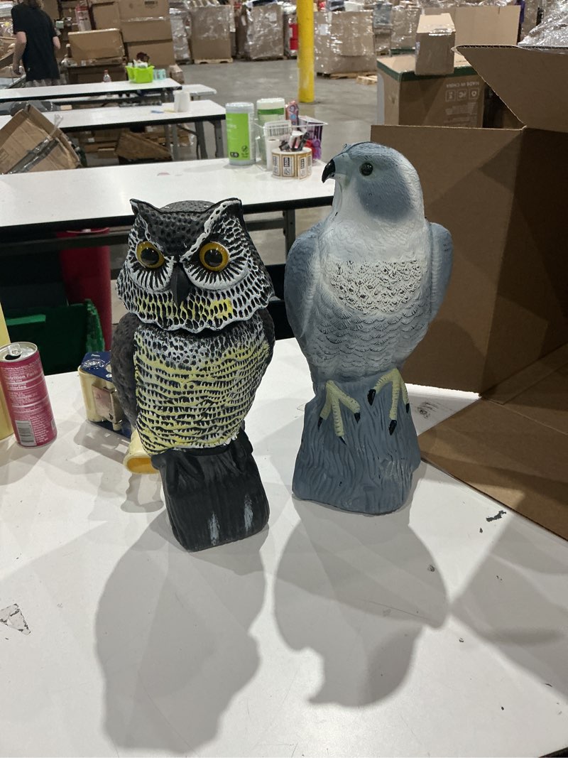 Condition photo showing As Is for hawk decoy to scare birds away - owl & hawk garden decoy combo, 2x protection wind-activated bird deterrent for farms & yards, 50% larger size (15")