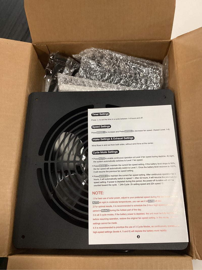 Condition photo showing New/Like New for solar powered fan for chicken coop, 15w solar panel fan with reversible airflow 3 smart 24h circulation modes 1-6 speed & 1-8h timer, aluminum fans for poultry house shed greenhouse