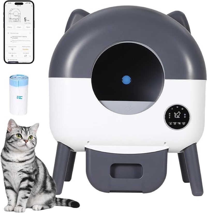 self-cleaning cat litter box, 76l large capacity automatic litter box for multiple cats, app-controlled, quiet & odor-free, smart safety sensors, led night light, includes trash bags