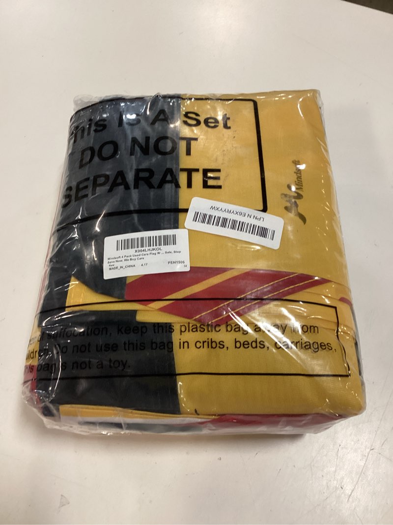 Condition photo showing New/Like New for mindsoft 4 pack used cars flag windless swooper flag 2.5 x 12 ft auto dealer sale advertising supplies, walk in drive out, blow out sale, stop save now, we buy cars