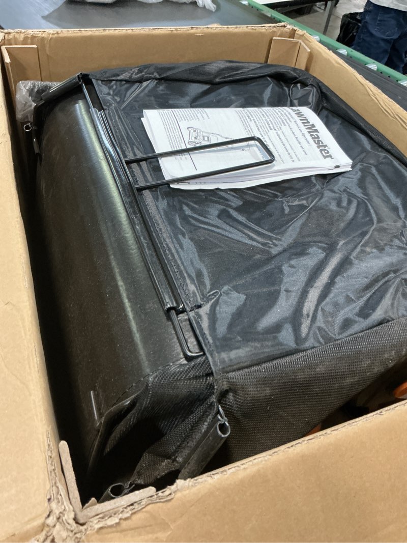Condition photo showing As Is for lawnmaster 48v max brushless 16” 2-in-1 cordless dethatcher and scarifier with removable thatch collection bag quick-fold – clgvb4816