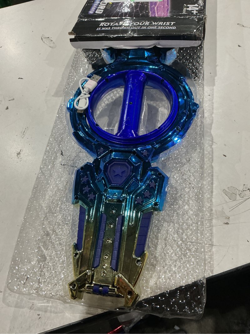 Condition photo showing As Is for 2 pcs rotating lightsaber toy set, 43 inches long, with hit-sensitive sound effects,perfect for rave parties, role-playing, and shows (purple and blue dual packs)