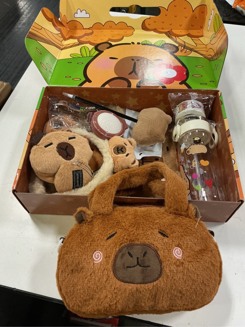 Condition photo showing Good Condition for capybara gifts box, cute capybara toy for girls kids for back to school, birthday, of shoulder bag, coin purch, water bottle, eye mask, bracelet, pocket comb