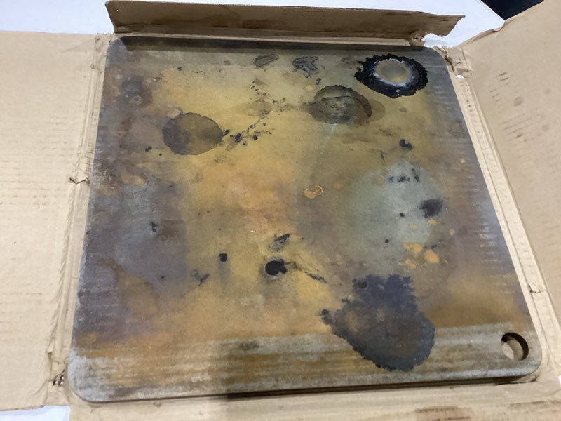 Condition photo showing As Is for thermichef 16x16 pizza steel, 3/8" thick, 27.5 lbs - cooking steel for oven & grill - made in usa 3/8" deluxe version 16"x16" square