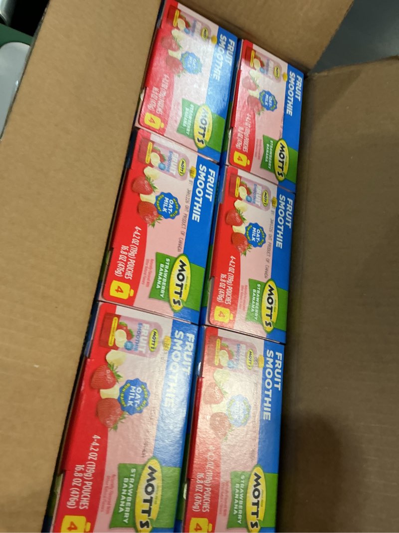 Condition photo showing New/Like New for (BBD 01/12/2026). Mott’s Fruit Smoothies Strawberry Banana, 4.2 oz clear pouches, 4 Pack, Non-dairy, Made With Oatmilk, Made With Real Fruit, Good Source of Calcium, On-the-Go 6/4/packs). 