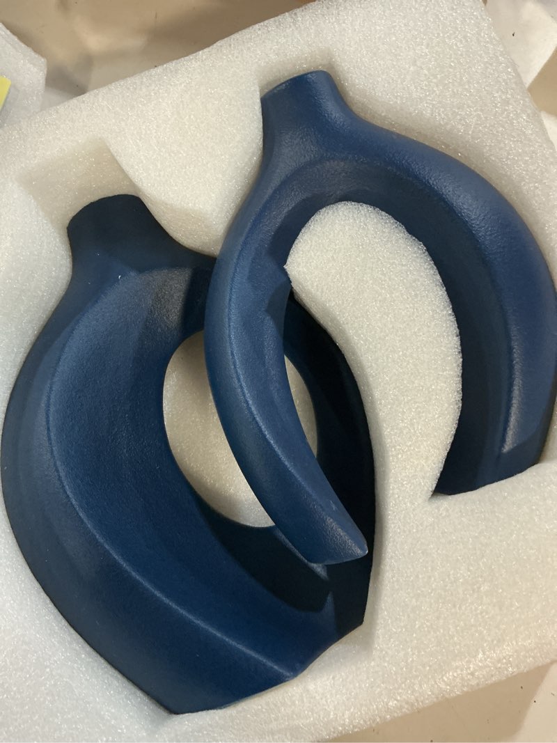 Condition photo showing New/Like New for liotww snuggle hollow ceramic vase set of 2, 8.4 inch hug donut modern nordic boho style vases for home decor anthropologie aesthetic living room shelf coffee table decorative (navy blue) navy blue l