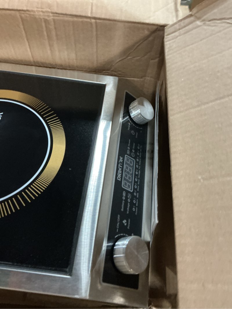 Condition photo showing As Is for DRINTON Induction Cooker, 2200W Commercial Induction Cooktop, Large Countertop Burner with 10 Cooking Functions & Dual IGBT for Safe Use, Portable Stainless Steel Hot Plate with 3 Hours Timer, 120V