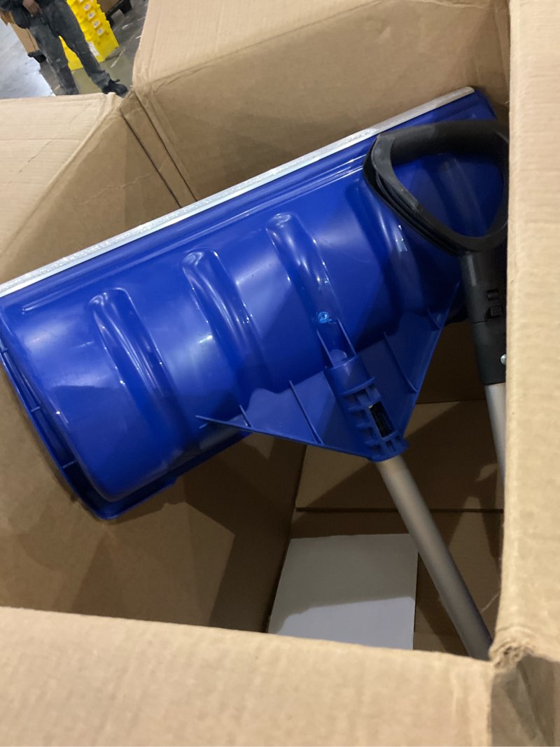 Condition photo showing Good Condition for Snow Pusher Shovel for Driveway Car Garage, 24 Inch Snow Removal Plow with D-Grip Handle Aluminum Strip, Ergonomic Heavy Duty Wide Snow Shovel for Home Outdoor, Blue