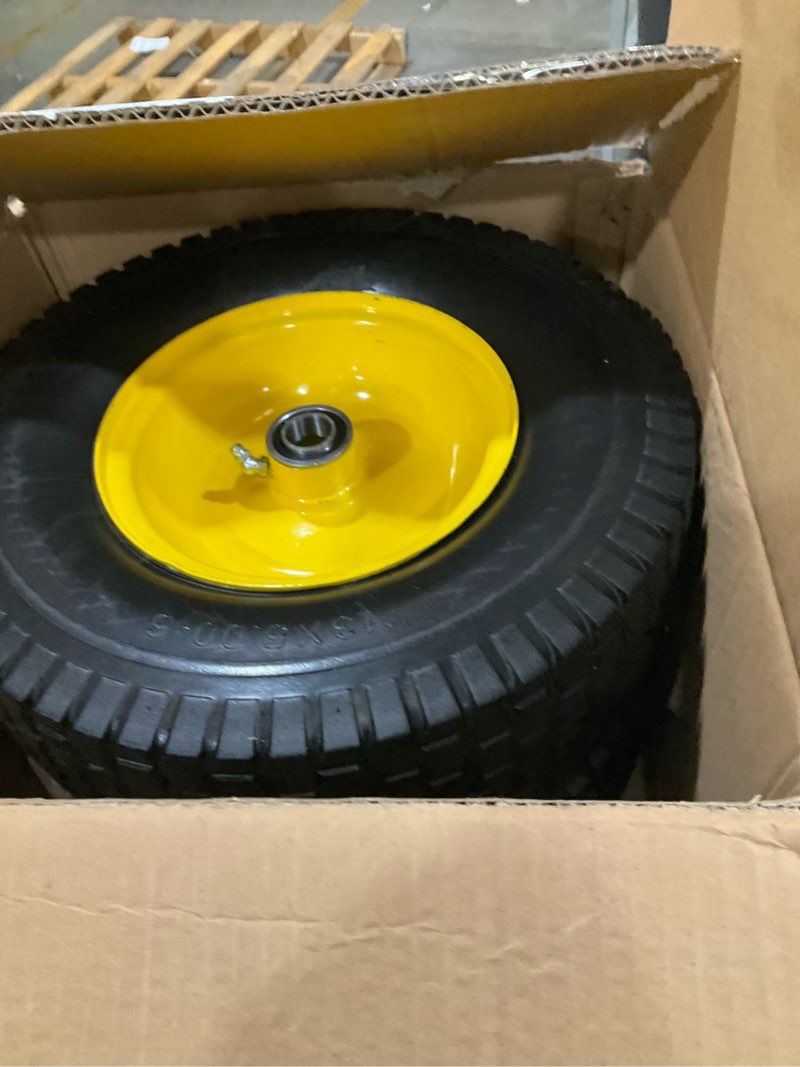 Condition photo showing Good Condition for ar-pro (2-pack) 13x5.00-6 flat free tire and wheel assembly, solid lawn mower front wheels with 3"-6" centered hub, 3/4" bearing, compatible with riding mowers & garden tractors 13 x 5.00-6" flat-free (centered hub) yellow