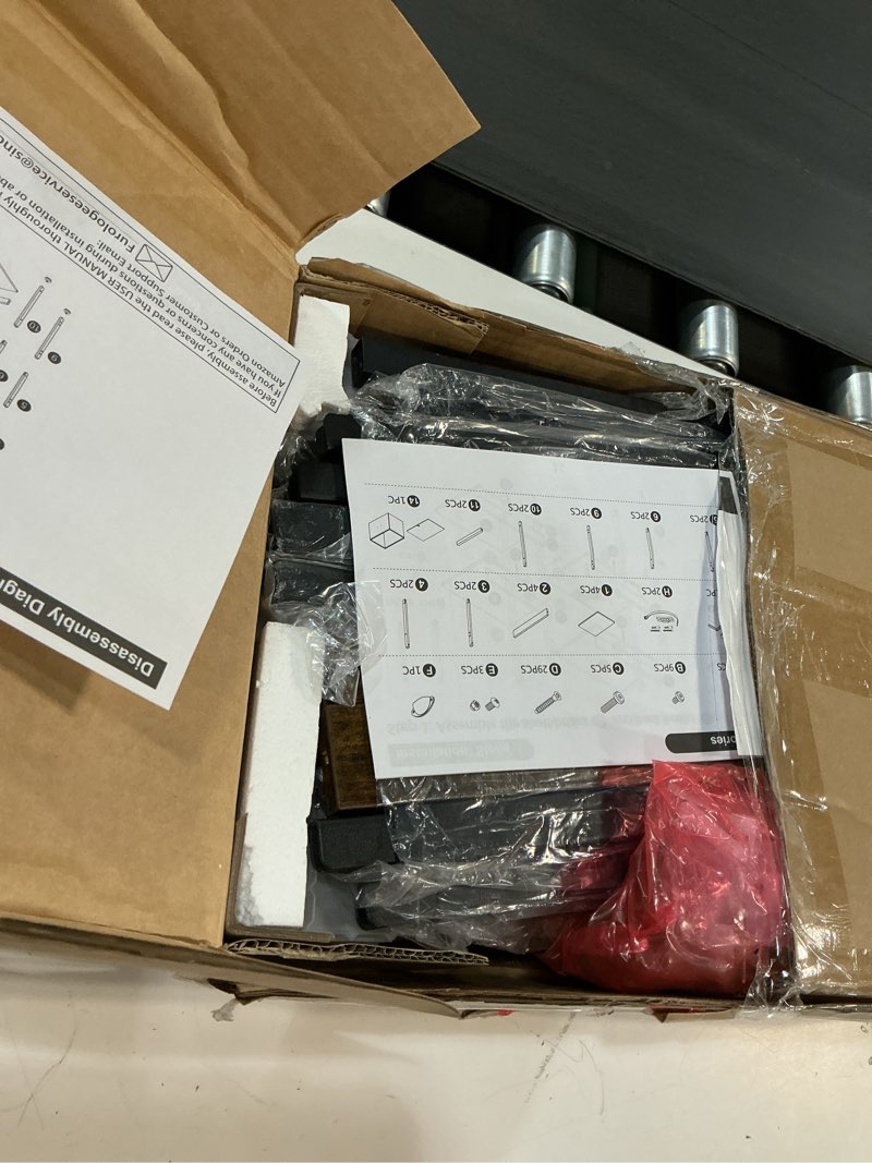 Condition photo showing New/Like New for Furologee 4 Tier Bookshelf with Drawer, Tall Bookcase with Shelves, Narrow Bookshelves Storage Organizer, Wood and Metal Display Standing Shelf Unit for Bedroom, Living Room, Rustic Brown 4 Tier Rustic Brown