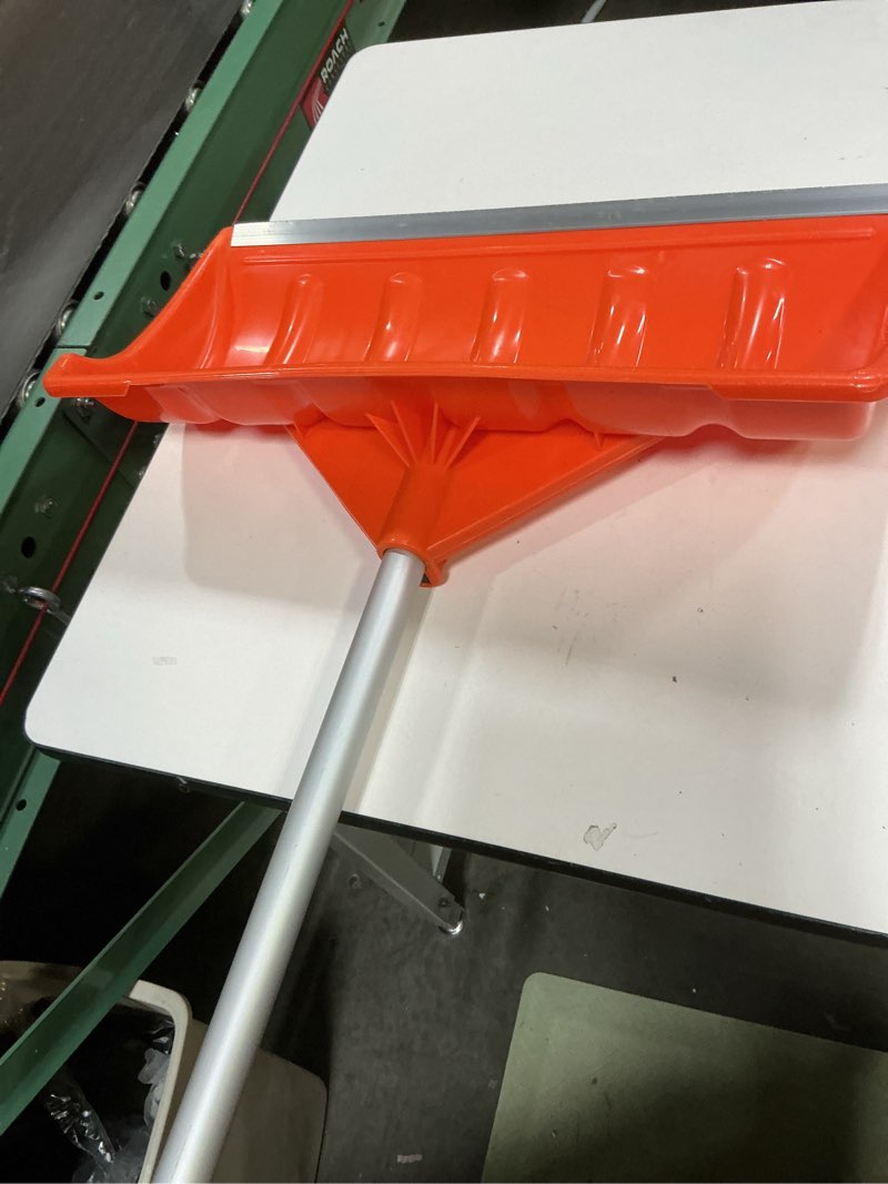 Condition photo showing Good Condition for Snow Pusher, 24-inch Wide Snow Shovel for Driveway, Snow Removal Tool for Car Garage, Sidewalks and Doorways, Snow Pusher Shovel with Ergonomic Grip and Aluminum Strip, Orange