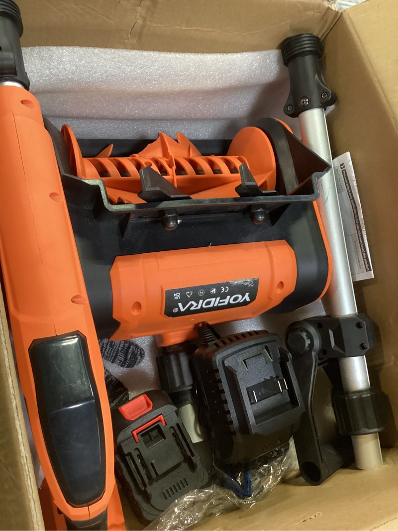 Condition photo showing As Is for Cordless Snow Shovel, Electric Snow Shovel 12" Width 6.7" Depth Cleaning and 20ft Throwing Distance, 4 Ah 21V Battery Brushless Snow Mover with Adjustable Front Handle for Driveway, Steps, Patio Orange