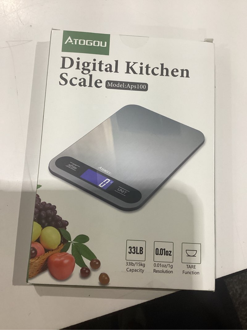 Condition photo showing New/Like New for atogou food scale, 33lb/ 15kg digital kitchen scale with full view lcd display, durable stainless steel surface, for cooking, baking, meal prep black