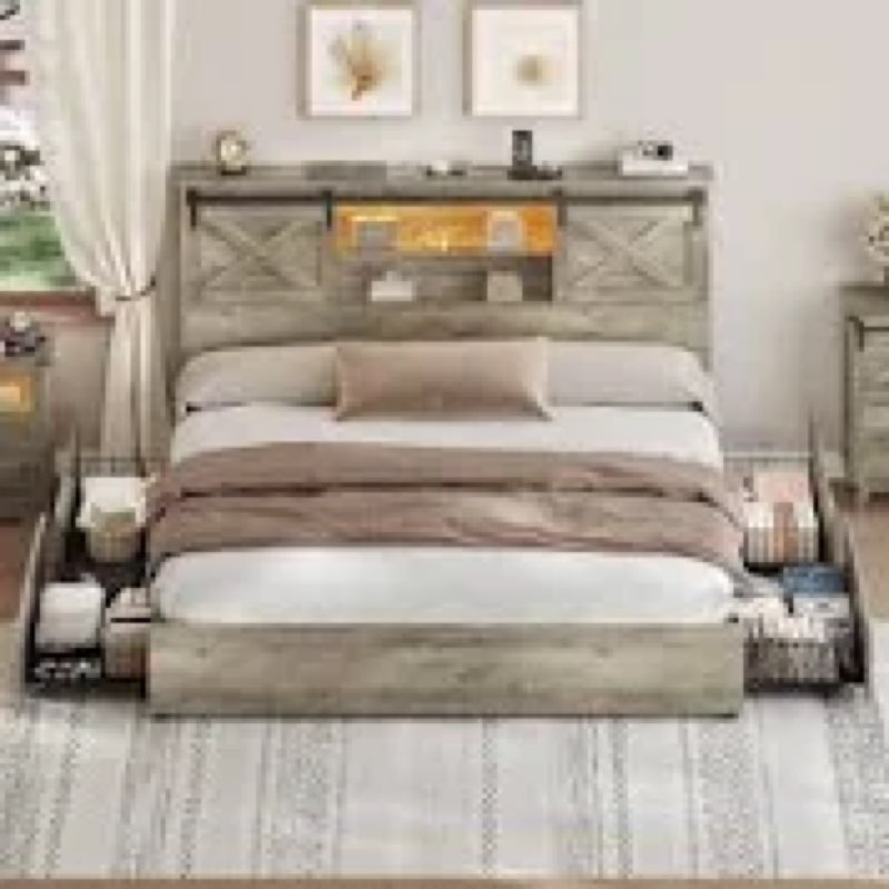 farmhouse bed frame with led lights and 4 storage drawers, wooden platform beds with charging station,rustic bedroom set with storage headboard and sliding barn door