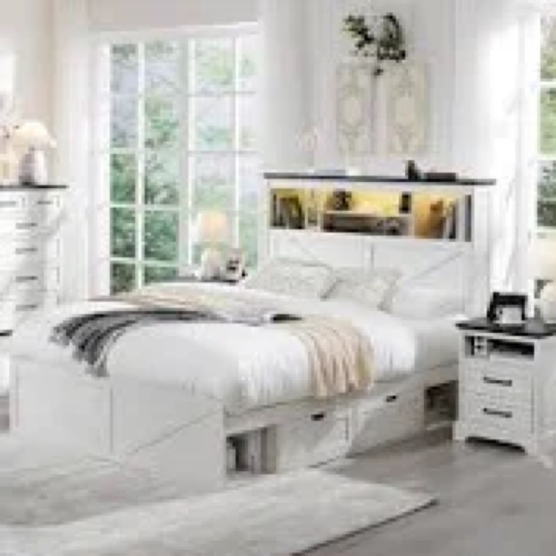 farmhouse queen platform bed with storage and headboard, wood platform bed frame with charging station and drawers, no box spring needed