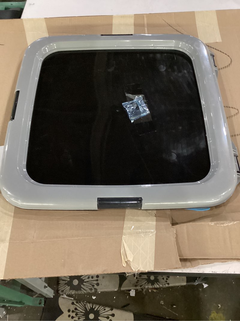 Condition photo showing As Is for iris usa pee pad holder for dogs and puppies, potty training tray with secured latches, non-skid feet, leak protection, easy clean surface, fits 22\"x 22\" puppy pads size or larger, black/gray 22\" x 22\" black/gray
