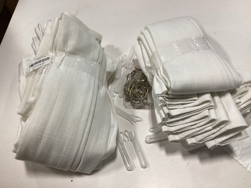 Condition photo showing As Is for Pinch Pleated Off White Semi Sheer Curtains 90 Inches Long Light Filtering Neutral Boho Farmhouse Linen Curtains Rings Hooks for Living Room Bedroom Nursery Window Drapes 90 Inch Length 2 Panels Set Beige White 50"W x 90"L (Pack of 2)