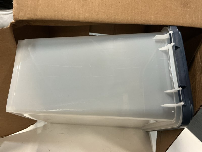 Condition photo showing Good Condition for IRIS USA 30 Lbs / 33 Qt WeatherPro Airtight Pet Food Storage Container with Attachable Casters, For Dog Cat Bird and Other Pet Food Storage Bin, Keep Fresh, Translucent Body, Easy Mobility, Navy 30 lbs Navy