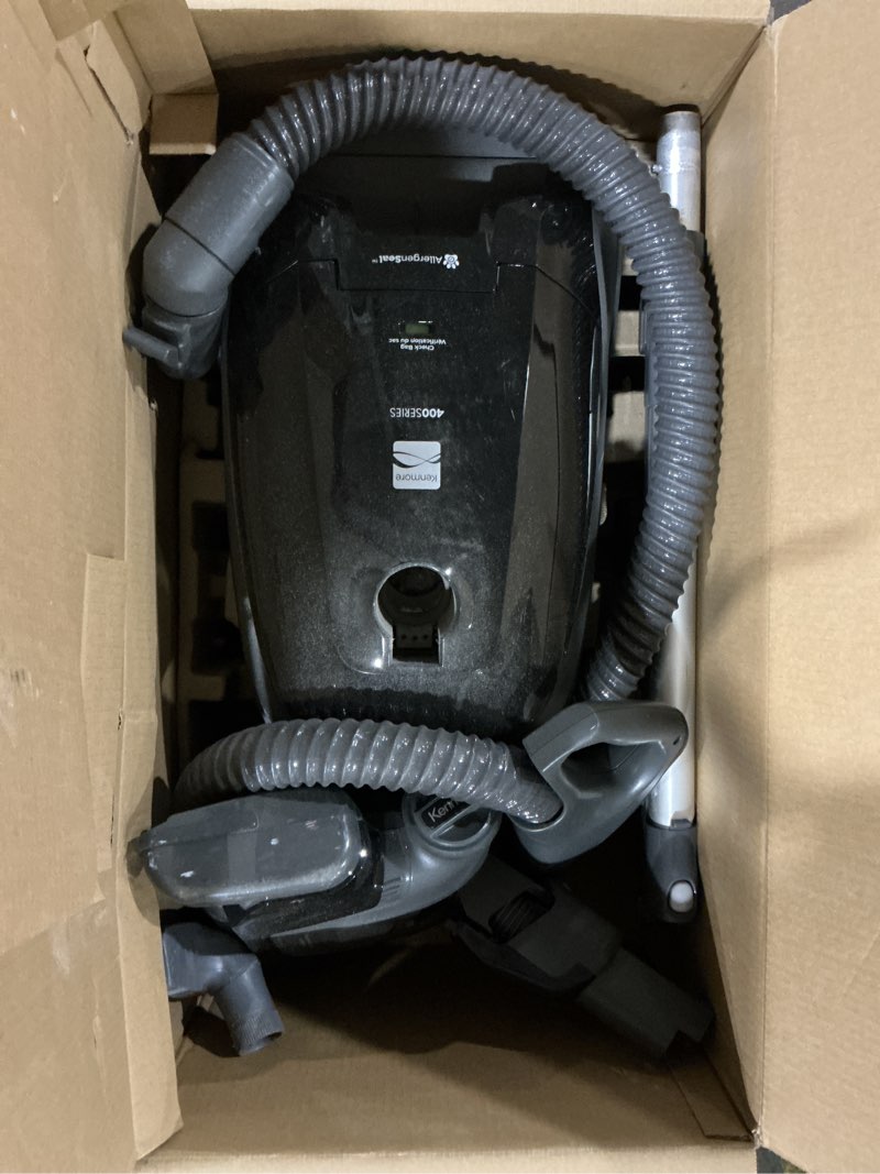 Condition photo showing As Is for kenmore 600 series pet friendly lightweight bagged canister vacuum with pet powermate, pop-n-go brush, 2 motors, hepa filter, aluminum telescoping wand, retractable cord and 4 cleaning tools, purple