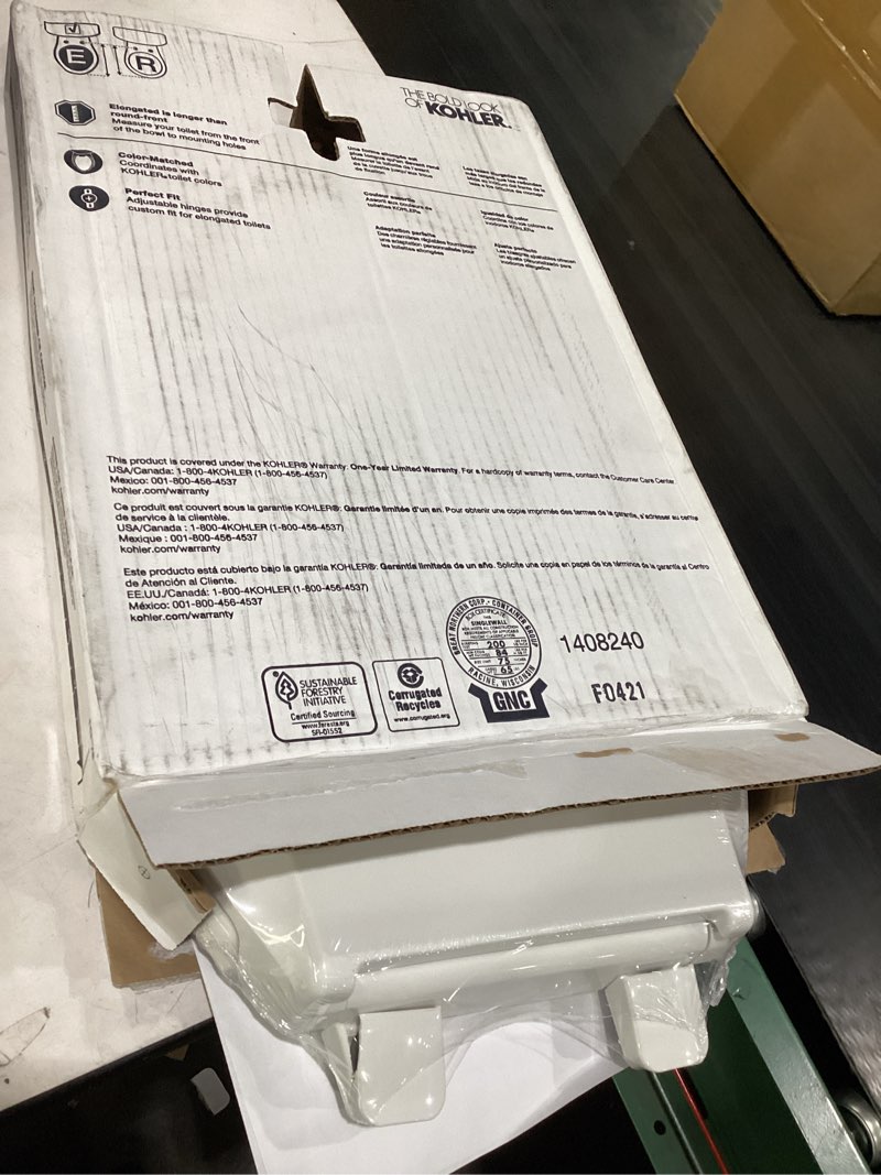 Condition photo showing Good Condition for kohler 4636-rl-0 cachet readylatch elongated slow close toilet seat, soft close toilet seat quiet lid, contoured grip-tight bumpers installation hardware, apartment essentials, white white elongated ready latch