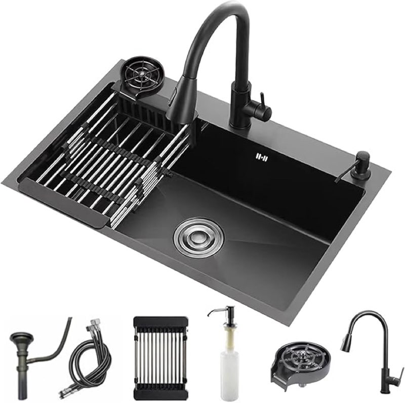 Kitchen Sink Single Bowl Farmhouse Utility Sinks Three Hole Black Stainless Steel Sink With Cup Wash