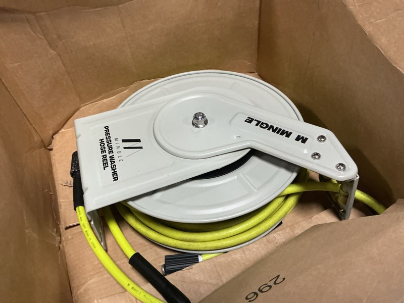 Condition photo showing Good Condition for m mingle retractable pressure washer hose reel, 1/4" × 60ft power washer hose reel, auto rewind hose reel, wall/floor mounted, 3600 psi 60 ft