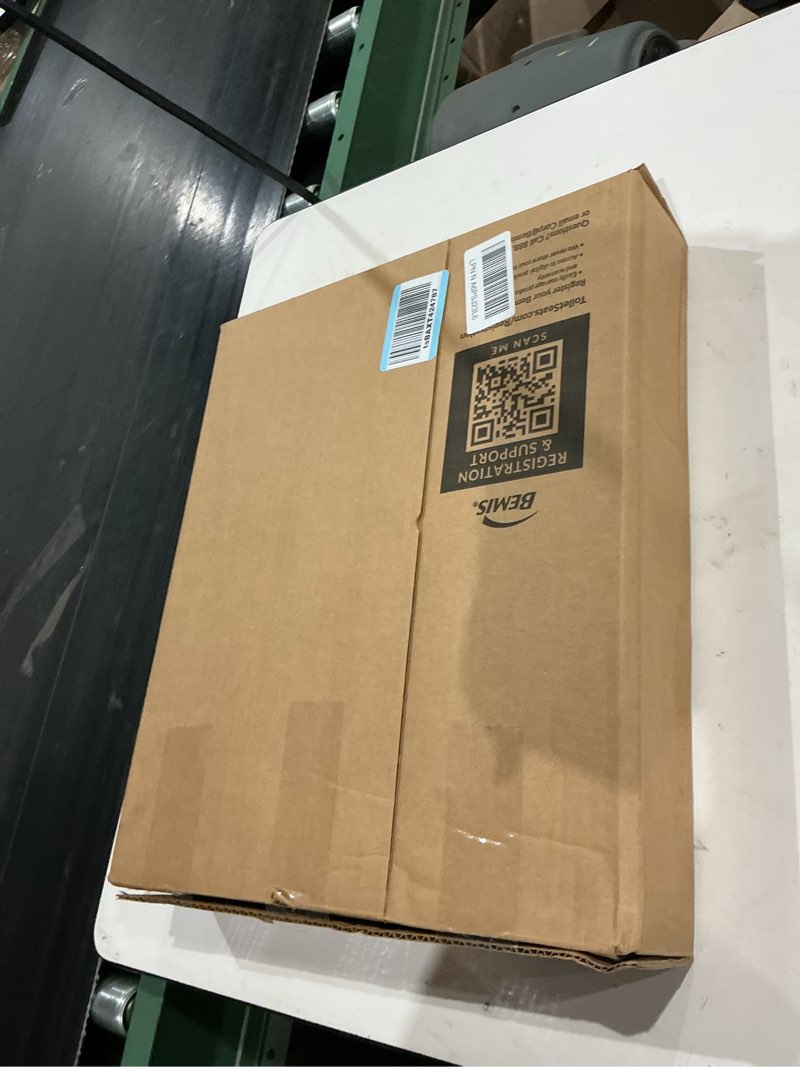 Condition photo showing New/Like New for mayfair padded toilet seat, cushioned soft vinyl over wood core seat, secure hinges, easy clean, made in usa, round, white round white toilet seat