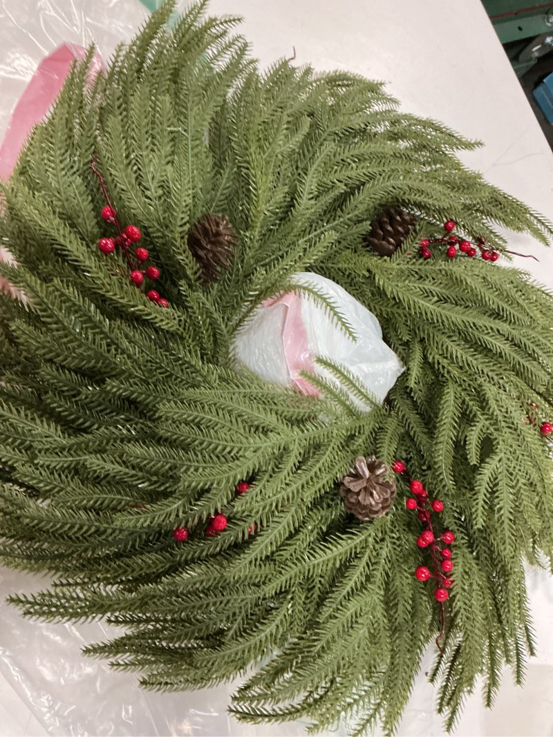 Condition photo showing Good Condition for artificial christmas wreaths for front door, 24" large winter pine wreath with red berries pine cones, diy friendly real touch door wreath for wall window porch farmhouse, indoor outdoor xmas decor 24inch